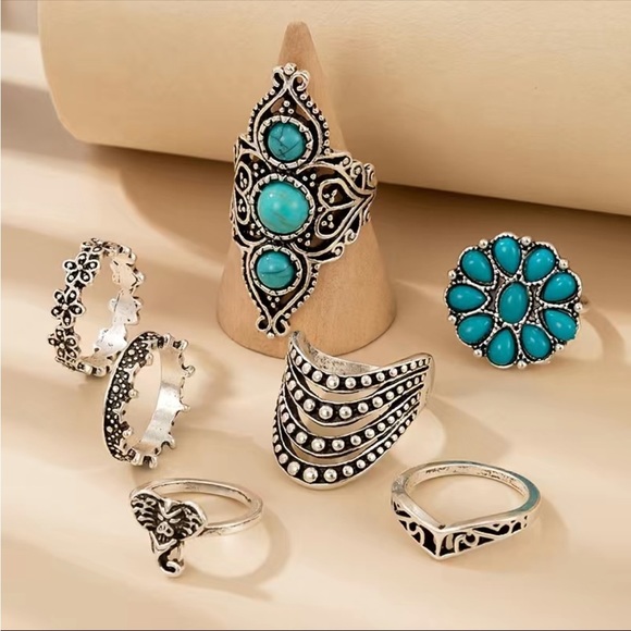 Boho Turquoise Silver Elephant Ring Set 7pc - Picture 2 of 5